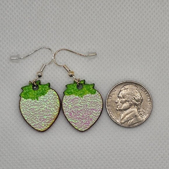 Handcrafted Laser-Cut Strawberry Earrings |  925 Sterling Silver Fish Hooks - Picture 6 of 8